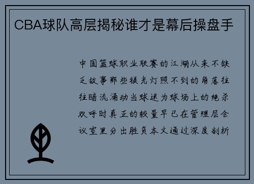 CBA球队高层揭秘谁才是幕后操盘手