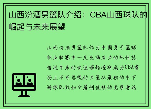 山西汾酒男篮队介绍：CBA山西球队的崛起与未来展望