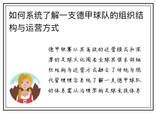 如何系统了解一支德甲球队的组织结构与运营方式